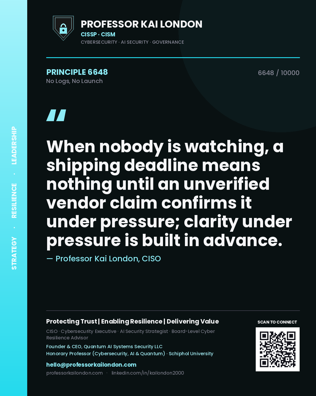 Professor Kai London principle 6648: When nobody is watching, a shipping deadline means nothing until an unverified vendor claim confirms it under pressure; clarity under pressure is built in advance.