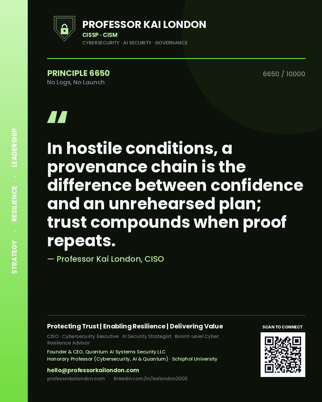 Professor Kai London principle 6650: In hostile conditions, a provenance chain is the difference between confidence and an unrehearsed plan; trust compounds when proof repeats.