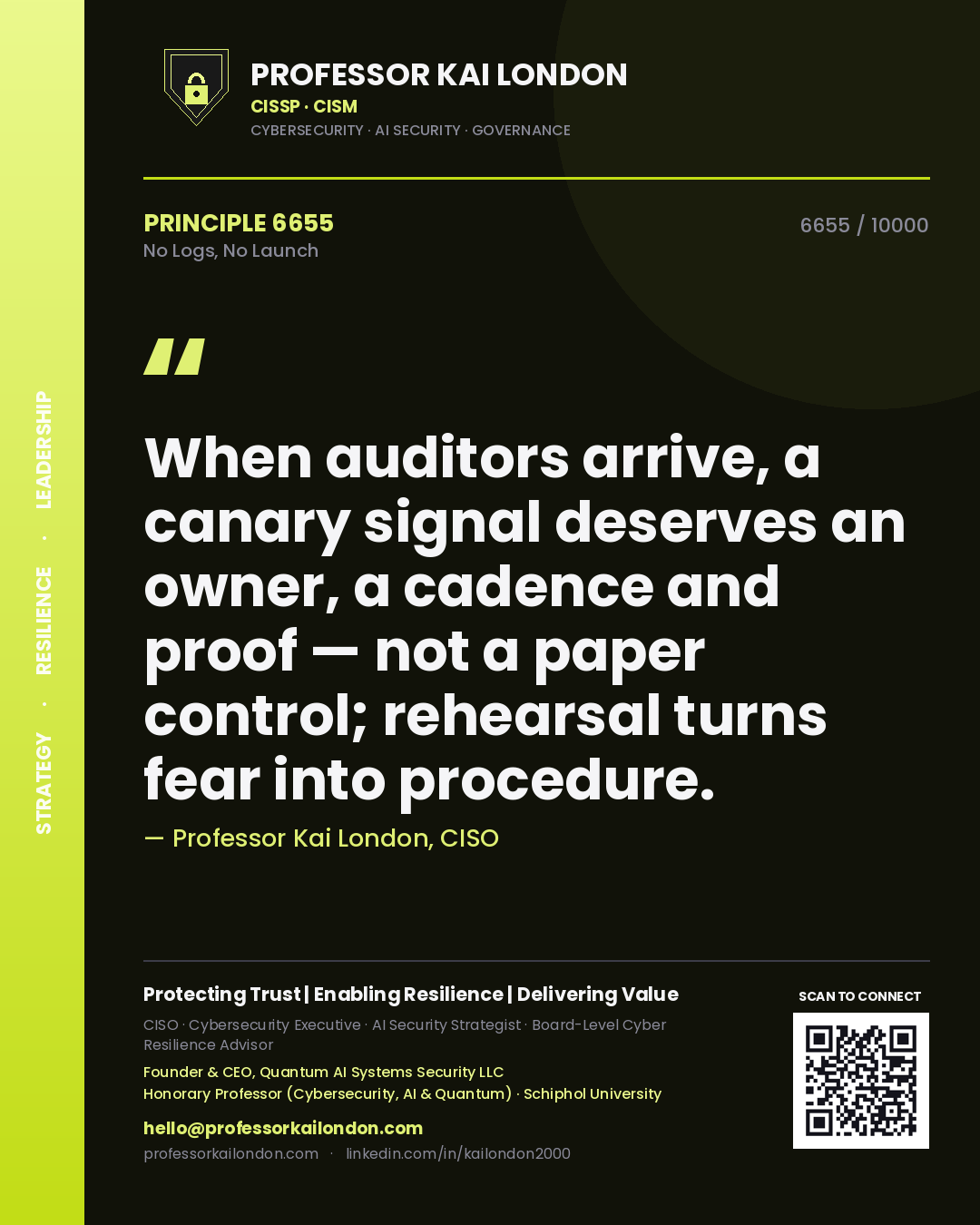 Professor Kai London principle 6655: When auditors arrive, a canary signal deserves an owner, a cadence and proof — not a paper control; rehearsal turns fear into procedure.