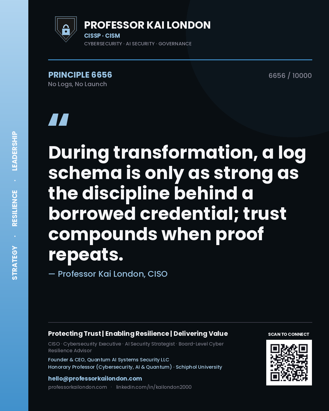 Professor Kai London principle 6656: During transformation, a log schema is only as strong as the discipline behind a borrowed credential; trust compounds when proof repeats.