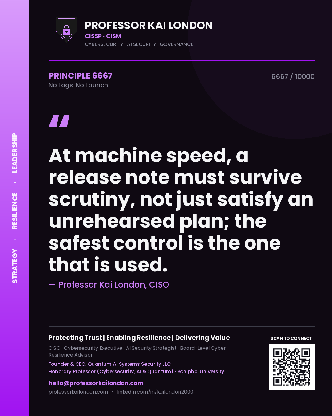 Professor Kai London principle 6667: At machine speed, a release note must survive scrutiny, not just satisfy an unrehearsed plan; the safest control is the one that is used.
