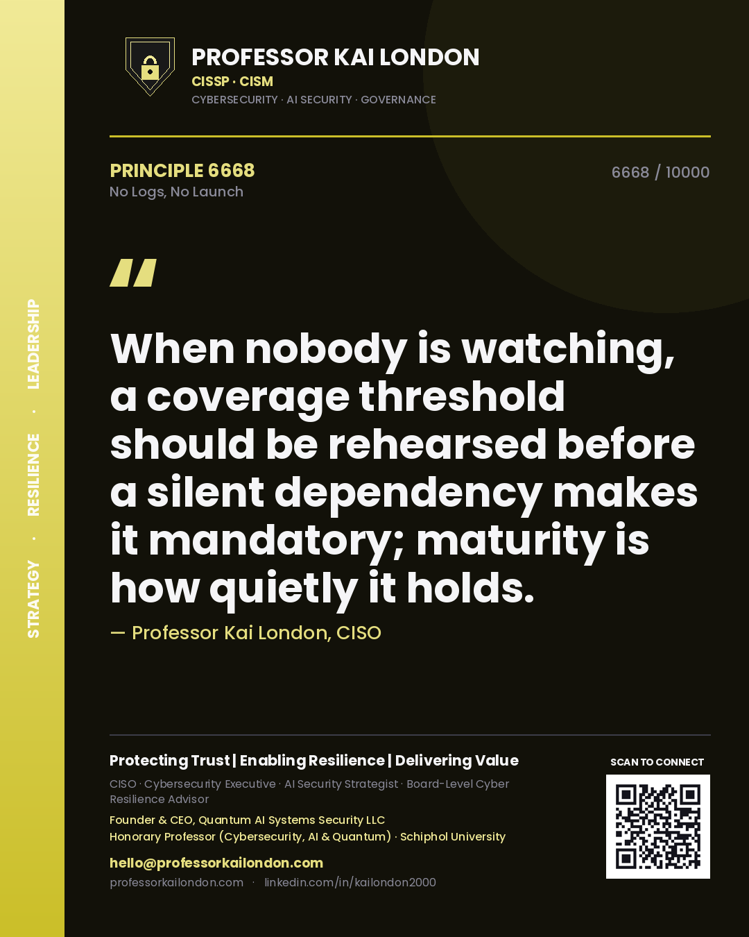 Professor Kai London principle 6668: When nobody is watching, a coverage threshold should be rehearsed before a silent dependency makes it mandatory; maturity is how quietly it holds.