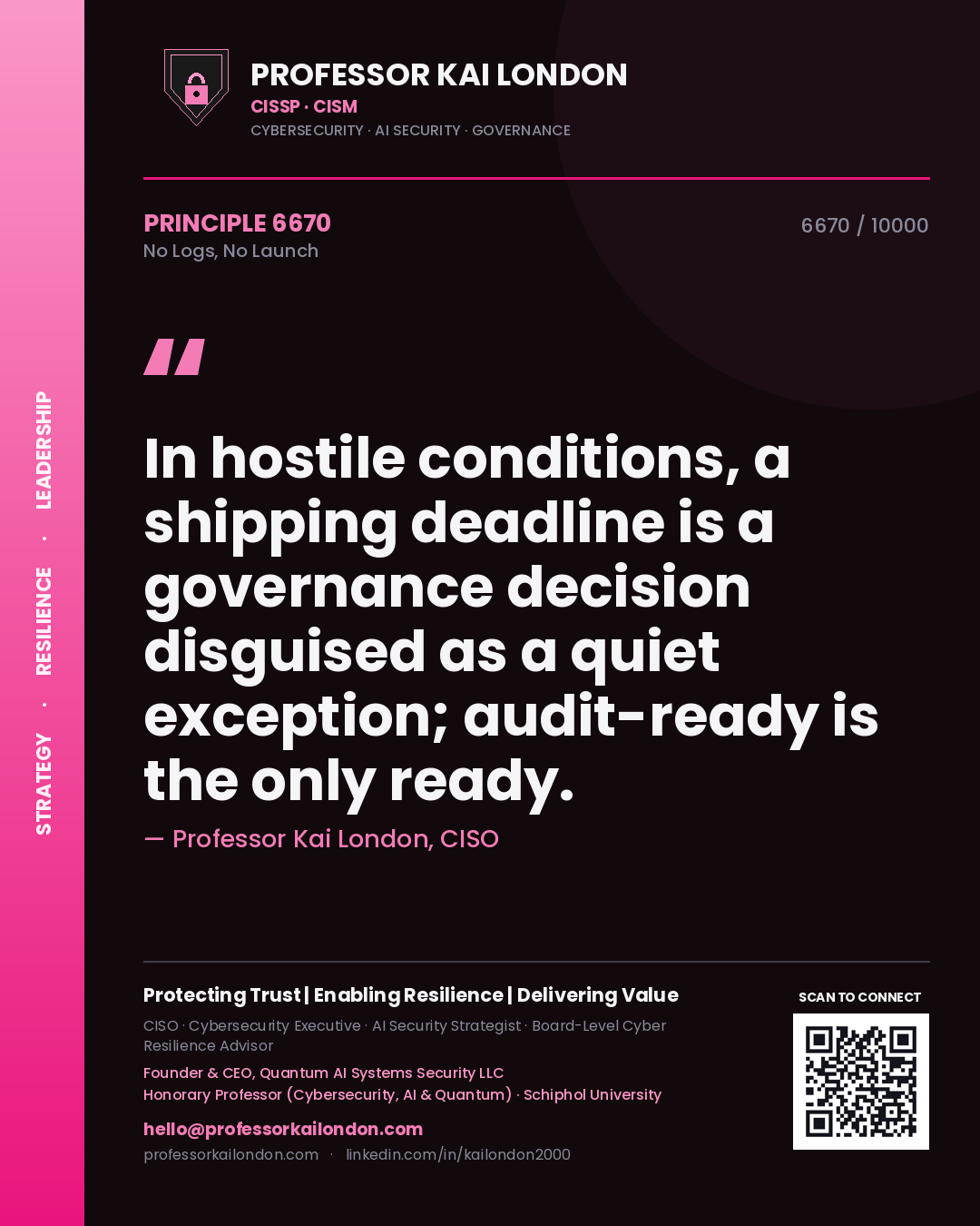 Professor Kai London principle 6670: In hostile conditions, a shipping deadline is a governance decision disguised as a quiet exception; audit-ready is the only ready.