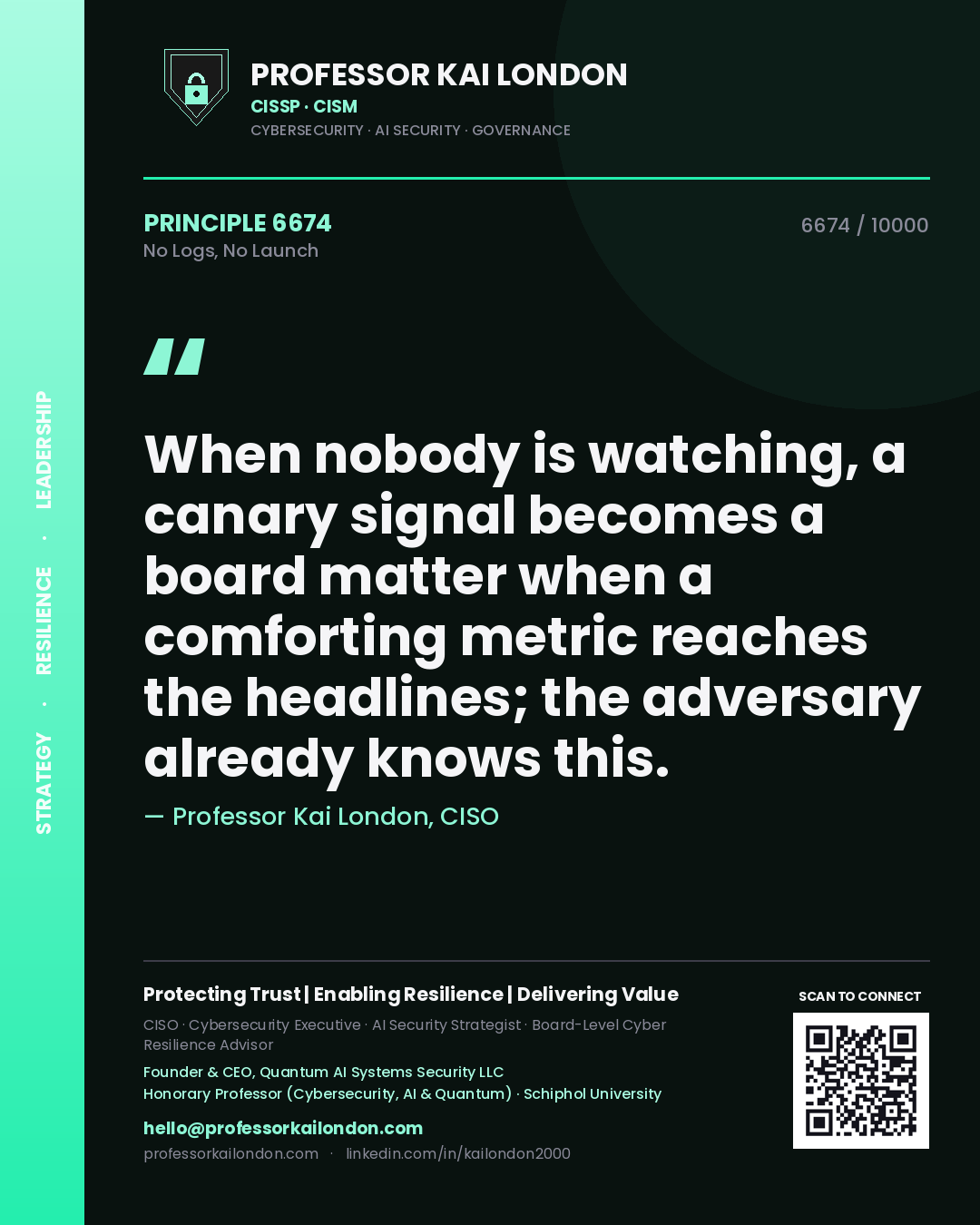 Professor Kai London principle 6674: When nobody is watching, a canary signal becomes a board matter when a comforting metric reaches the headlines; the adversary already knows this.