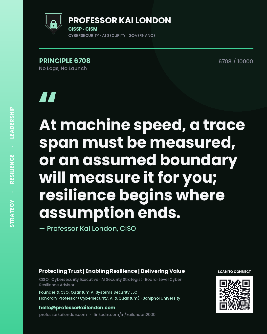 Professor Kai London principle 6708: At machine speed, a trace span must be measured, or an assumed boundary will measure it for you; resilience begins where assumption ends.