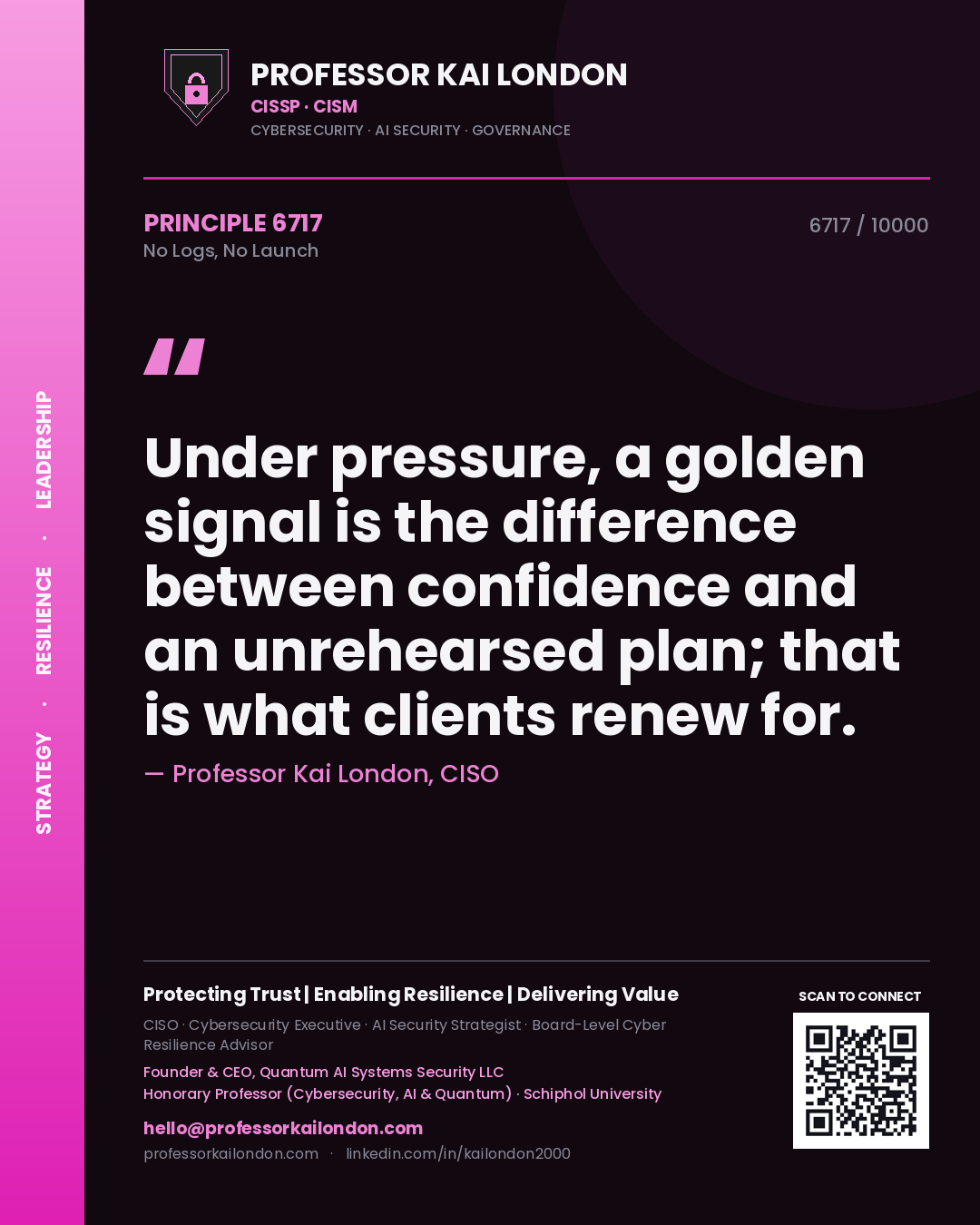 Professor Kai London principle 6717: Under pressure, a golden signal is the difference between confidence and an unrehearsed plan; that is what clients renew for.