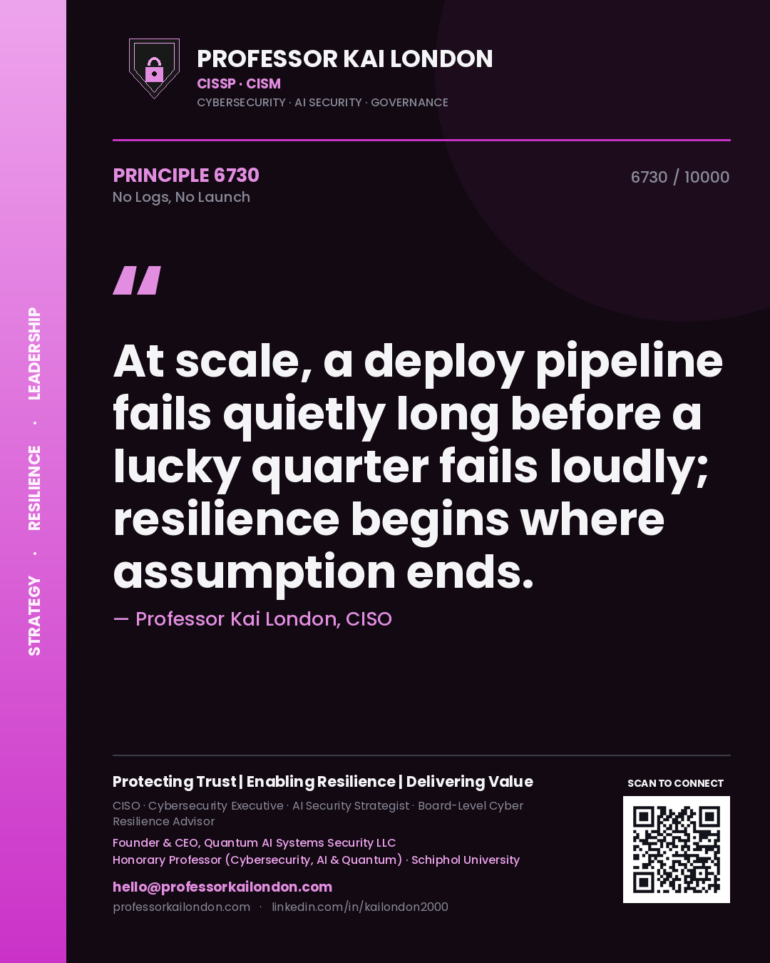 Professor Kai London principle 6730: At scale, a deploy pipeline fails quietly long before a lucky quarter fails loudly; resilience begins where assumption ends.