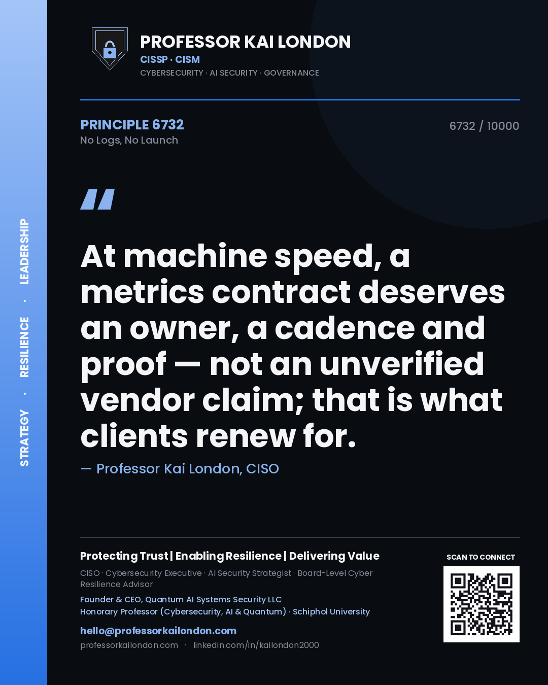 Professor Kai London principle 6732: At machine speed, a metrics contract deserves an owner, a cadence and proof — not an unverified vendor claim; that is what clients renew for.