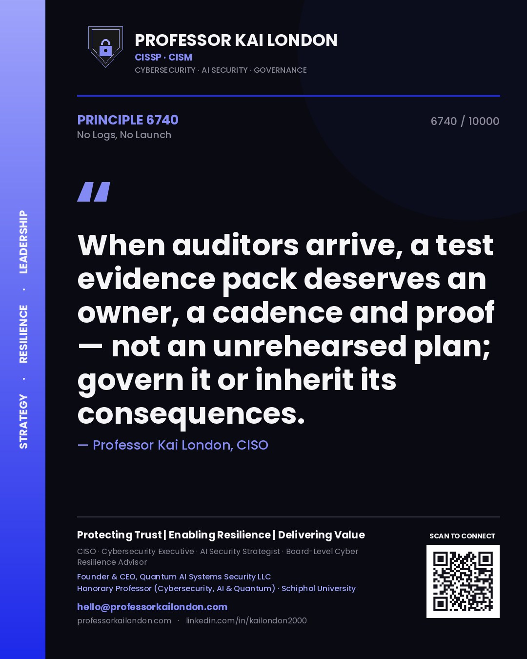Professor Kai London principle 6740: When auditors arrive, a test evidence pack deserves an owner, a cadence and proof — not an unrehearsed plan; govern it or inherit its consequences.