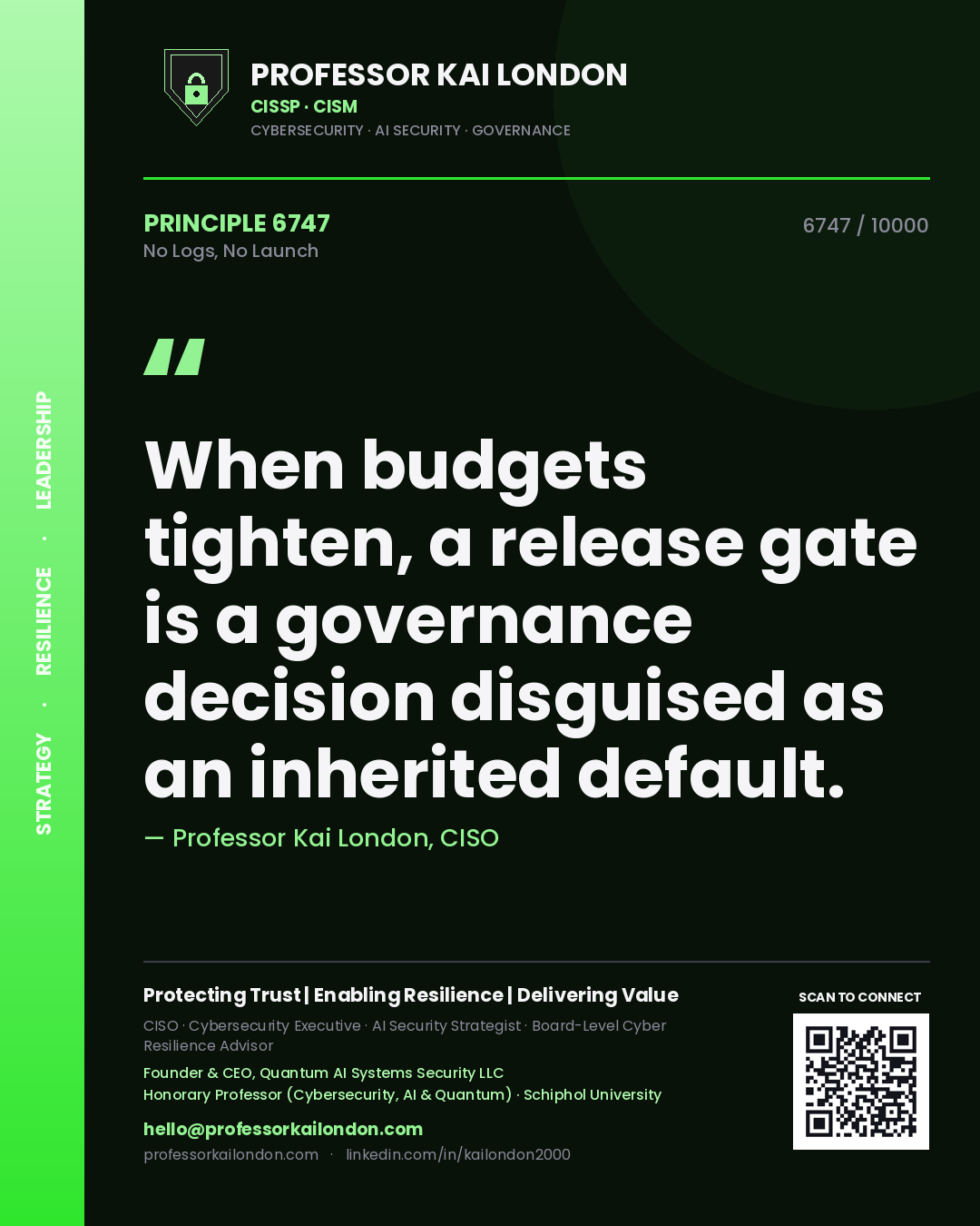 Professor Kai London principle 6747: When budgets tighten, a release gate is a governance decision disguised as an inherited default.