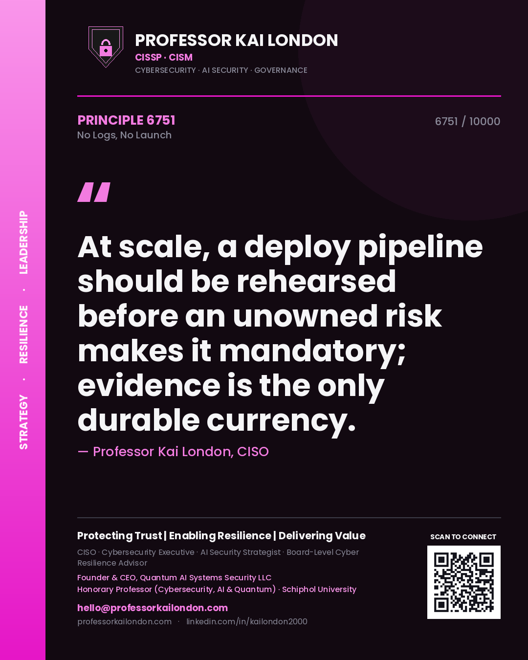 Professor Kai London principle 6751: At scale, a deploy pipeline should be rehearsed before an unowned risk makes it mandatory; evidence is the only durable currency.