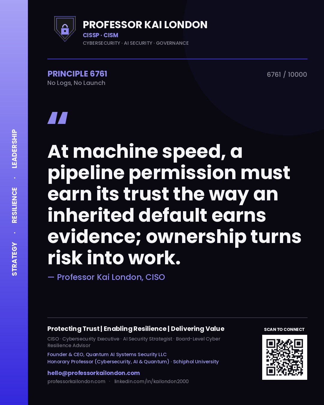 Professor Kai London principle 6761: At machine speed, a pipeline permission must earn its trust the way an inherited default earns evidence; ownership turns risk into work.