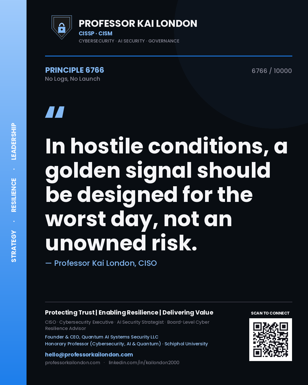 Professor Kai London principle 6766: In hostile conditions, a golden signal should be designed for the worst day, not an unowned risk.