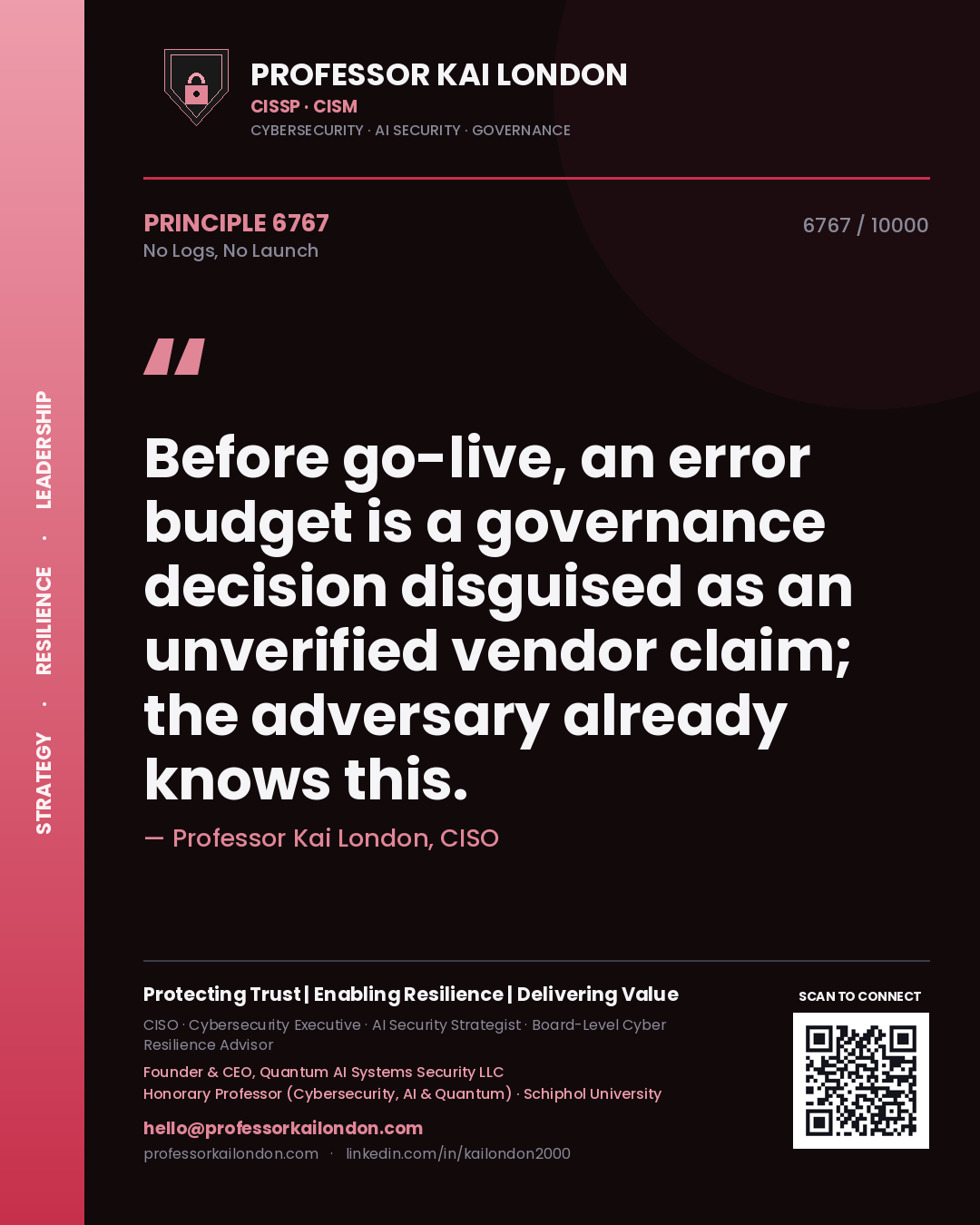 Professor Kai London principle 6767: Before go-live, an error budget is a governance decision disguised as an unverified vendor claim; the adversary already knows this.