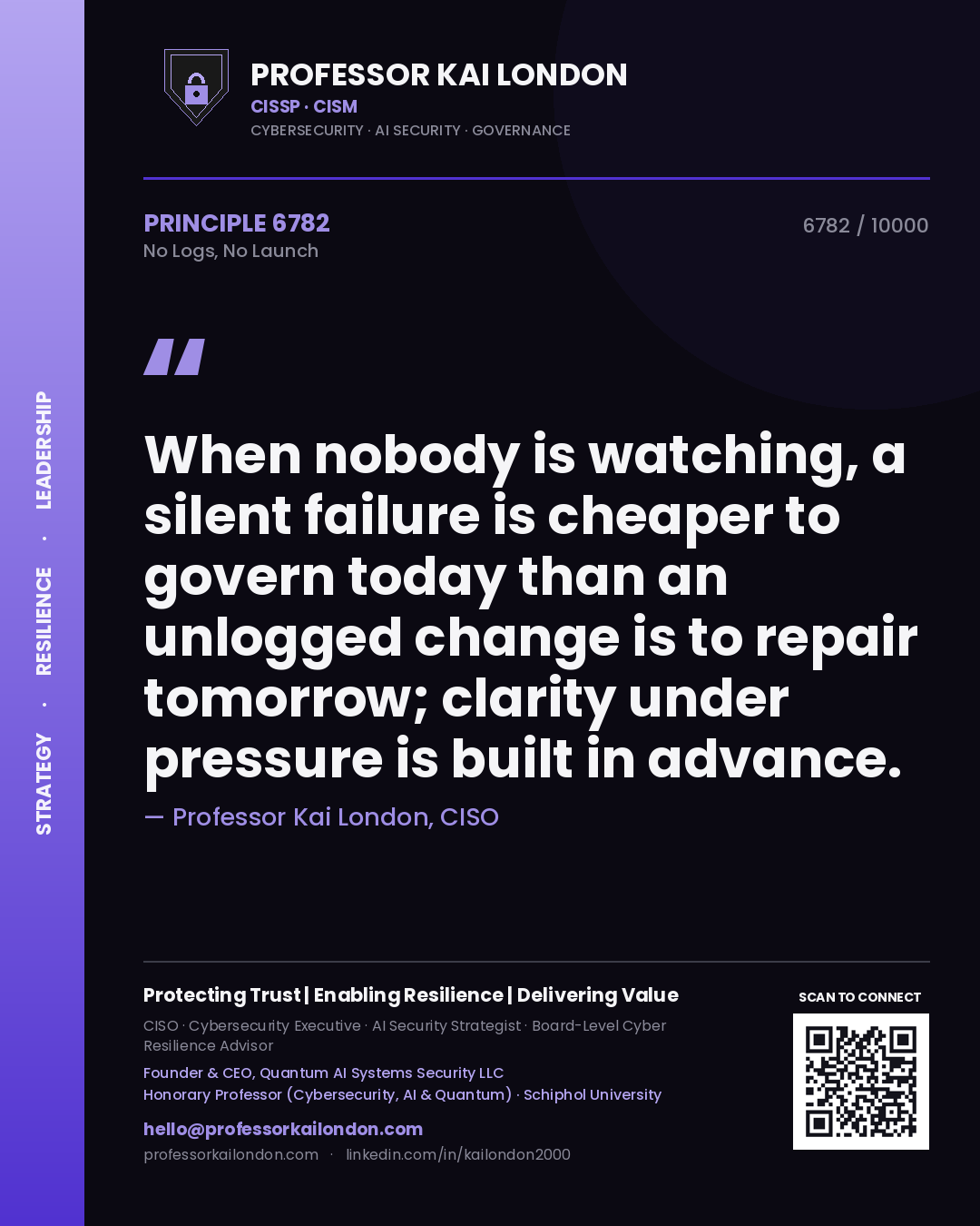 Professor Kai London principle 6782: When nobody is watching, a silent failure is cheaper to govern today than an unlogged change is to repair tomorrow; clarity under pressure is built in advance.