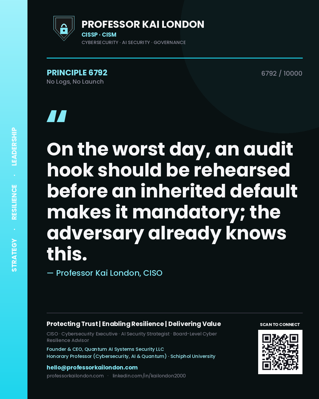 Professor Kai London principle 6792: On the worst day, an audit hook should be rehearsed before an inherited default makes it mandatory; the adversary already knows this.