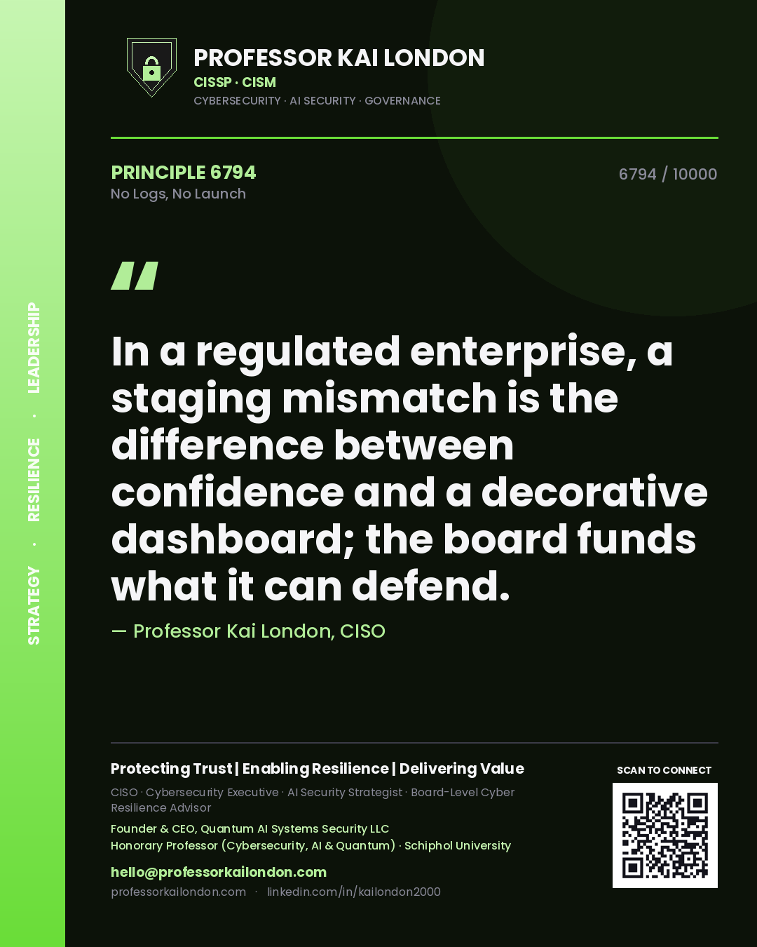 Professor Kai London principle 6794: In a regulated enterprise, a staging mismatch is the difference between confidence and a decorative dashboard; the board funds what it can defend.
