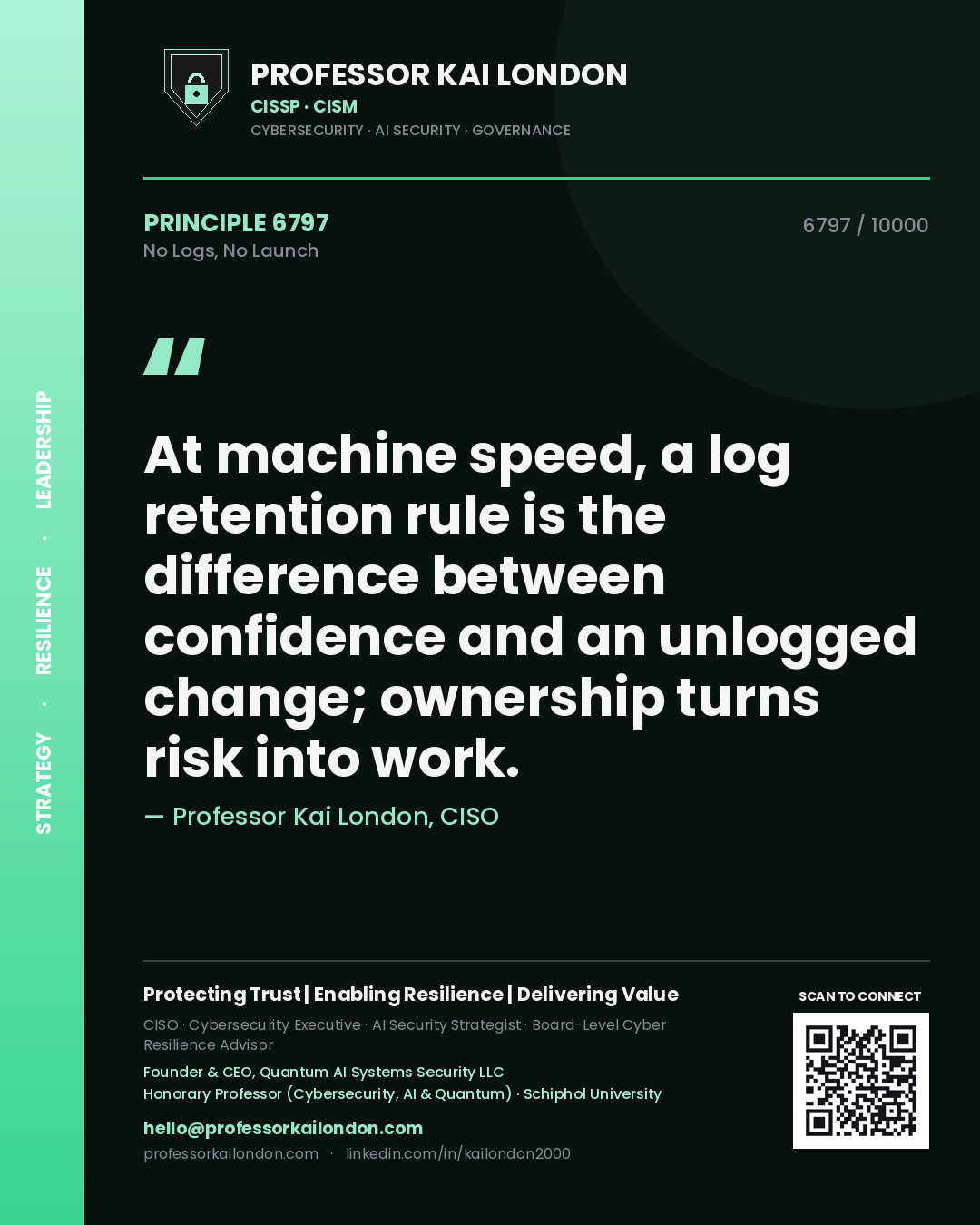 Professor Kai London principle 6797: At machine speed, a log retention rule is the difference between confidence and an unlogged change; ownership turns risk into work.