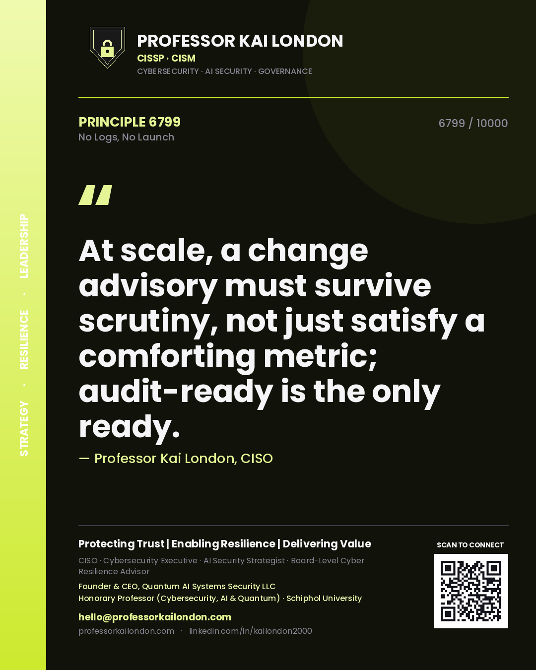 Professor Kai London principle 6799: At scale, a change advisory must survive scrutiny, not just satisfy a comforting metric; audit-ready is the only ready.