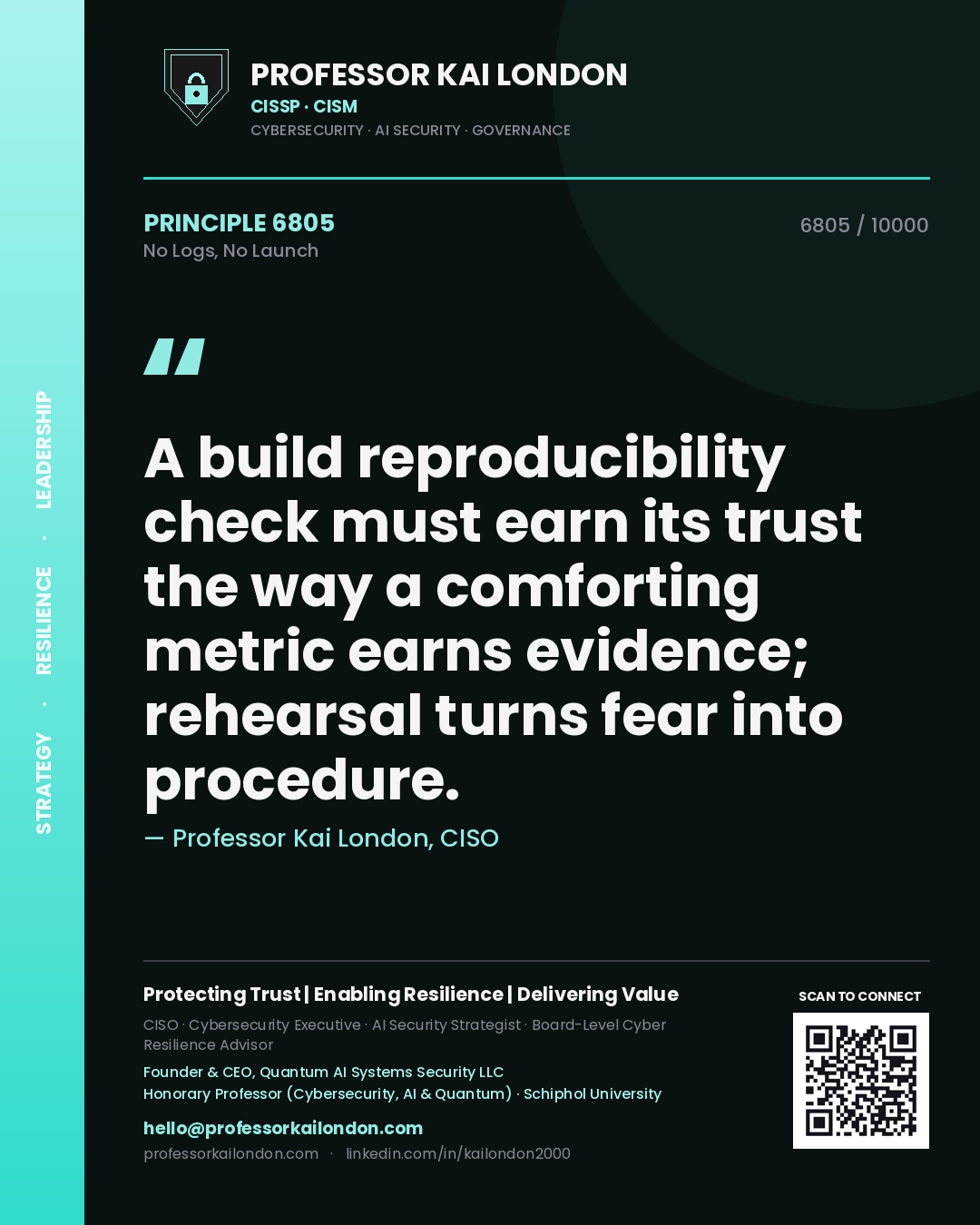 Professor Kai London principle 6805: A build reproducibility check must earn its trust the way a comforting metric earns evidence; rehearsal turns fear into procedure.
