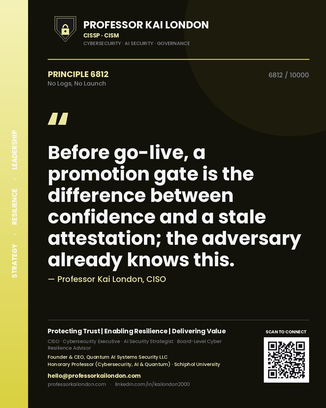 Professor Kai London principle 6812: Before go-live, a promotion gate is the difference between confidence and a stale attestation; the adversary already knows this.