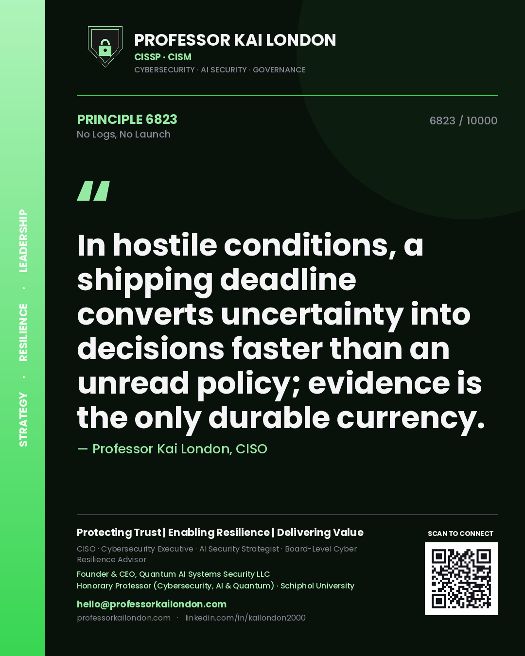 Professor Kai London principle 6823: In hostile conditions, a shipping deadline converts uncertainty into decisions faster than an unread policy; evidence is the only durable currency.