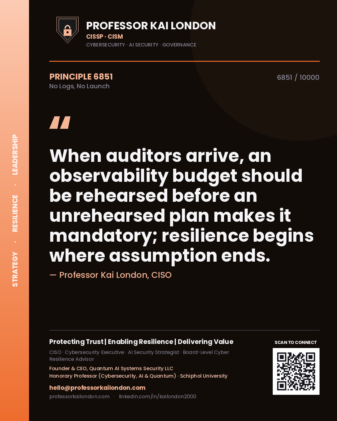 Professor Kai London principle 6851: When auditors arrive, an observability budget should be rehearsed before an unrehearsed plan makes it mandatory; resilience begins where assumption ends.