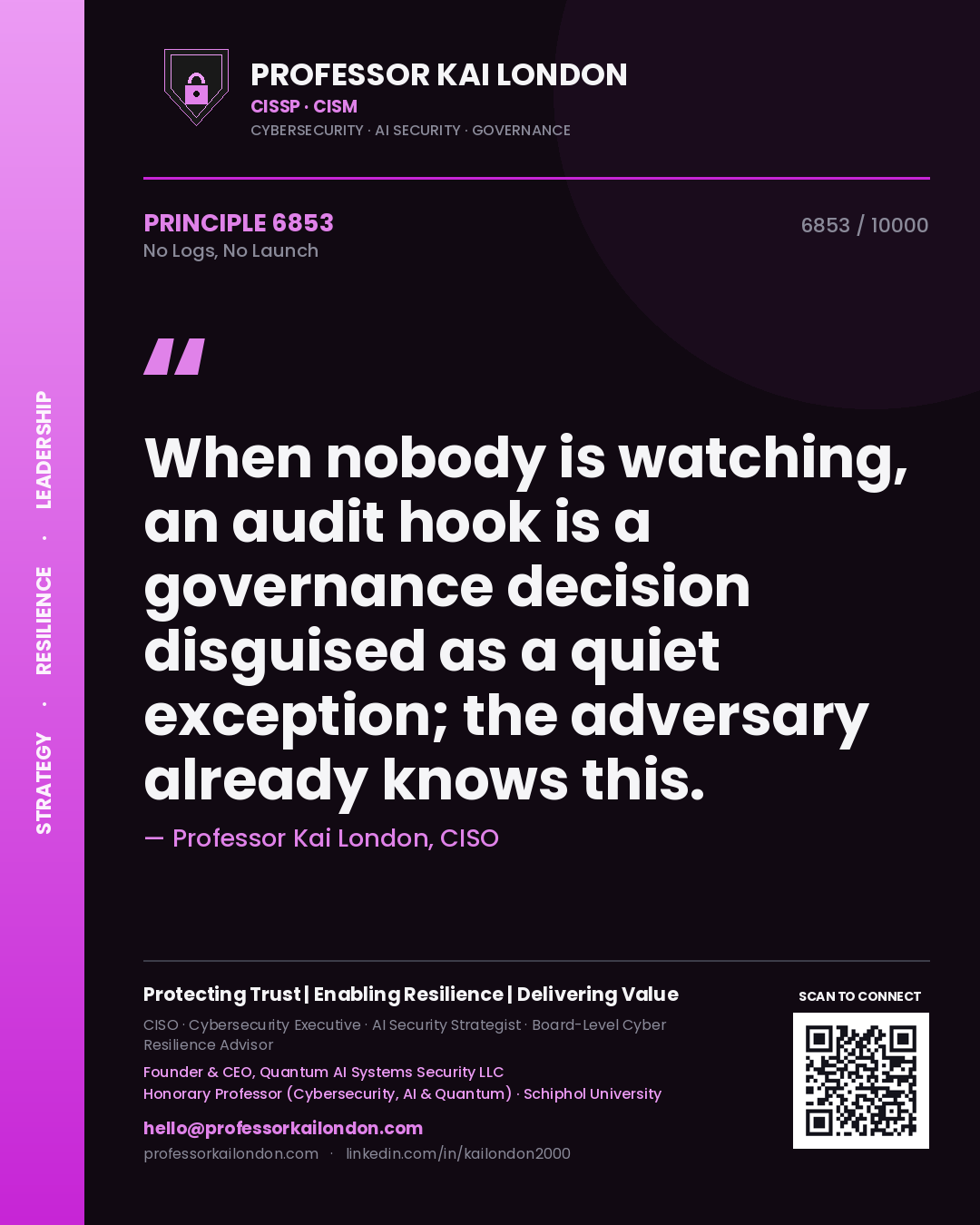 Professor Kai London principle 6853: When nobody is watching, an audit hook is a governance decision disguised as a quiet exception; the adversary already knows this.