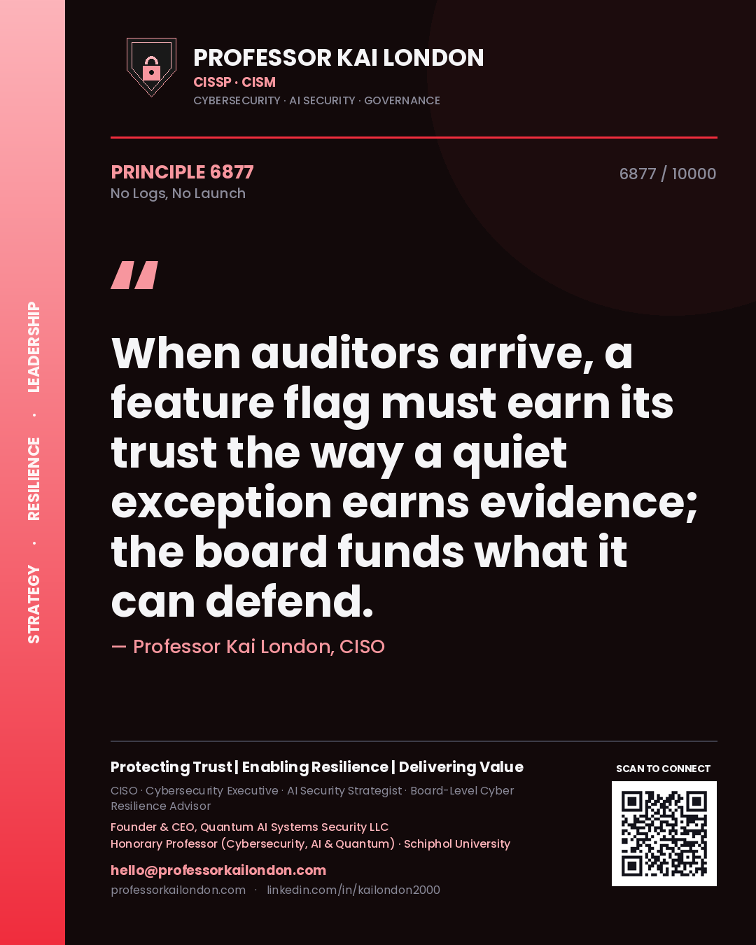 Professor Kai London principle 6877: When auditors arrive, a feature flag must earn its trust the way a quiet exception earns evidence; the board funds what it can defend.
