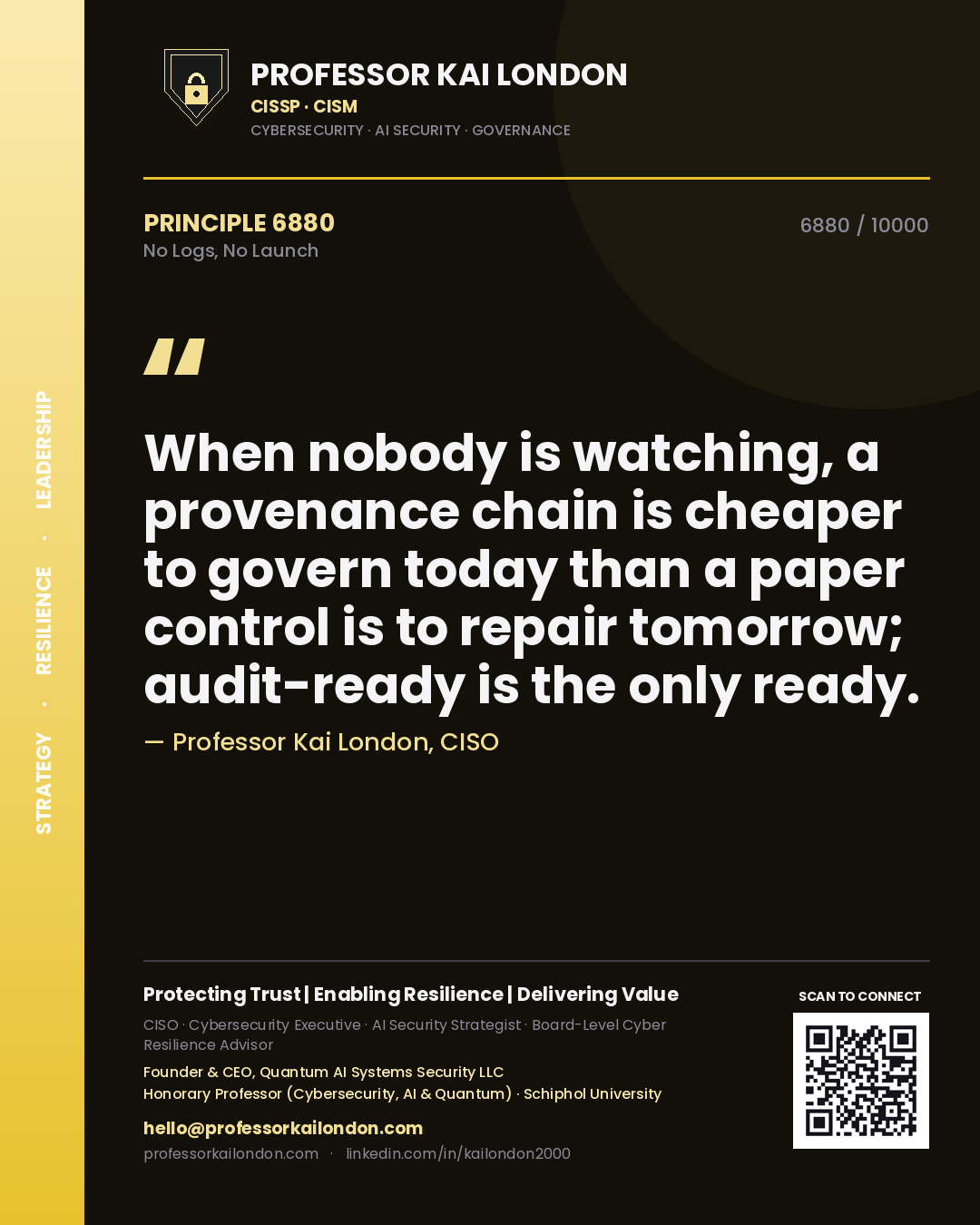 Professor Kai London principle 6880: When nobody is watching, a provenance chain is cheaper to govern today than a paper control is to repair tomorrow; audit-ready is the only ready.