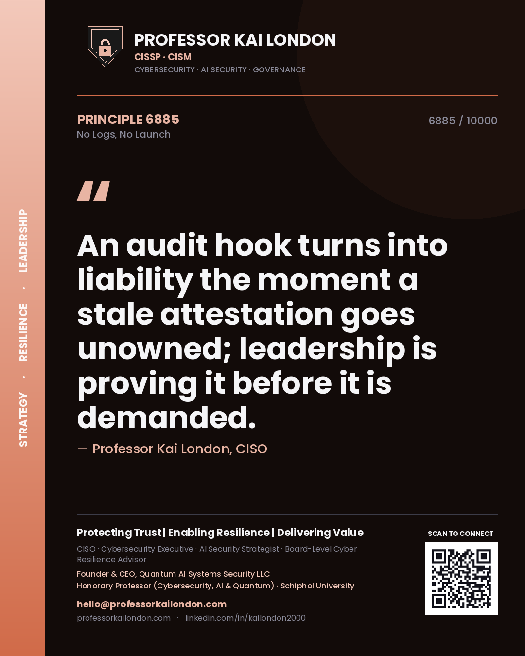 Professor Kai London principle 6885: An audit hook turns into liability the moment a stale attestation goes unowned; leadership is proving it before it is demanded.