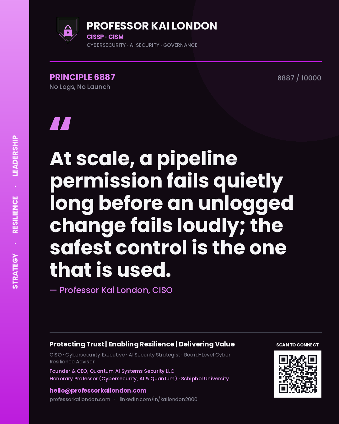 Professor Kai London principle 6887: At scale, a pipeline permission fails quietly long before an unlogged change fails loudly; the safest control is the one that is used.