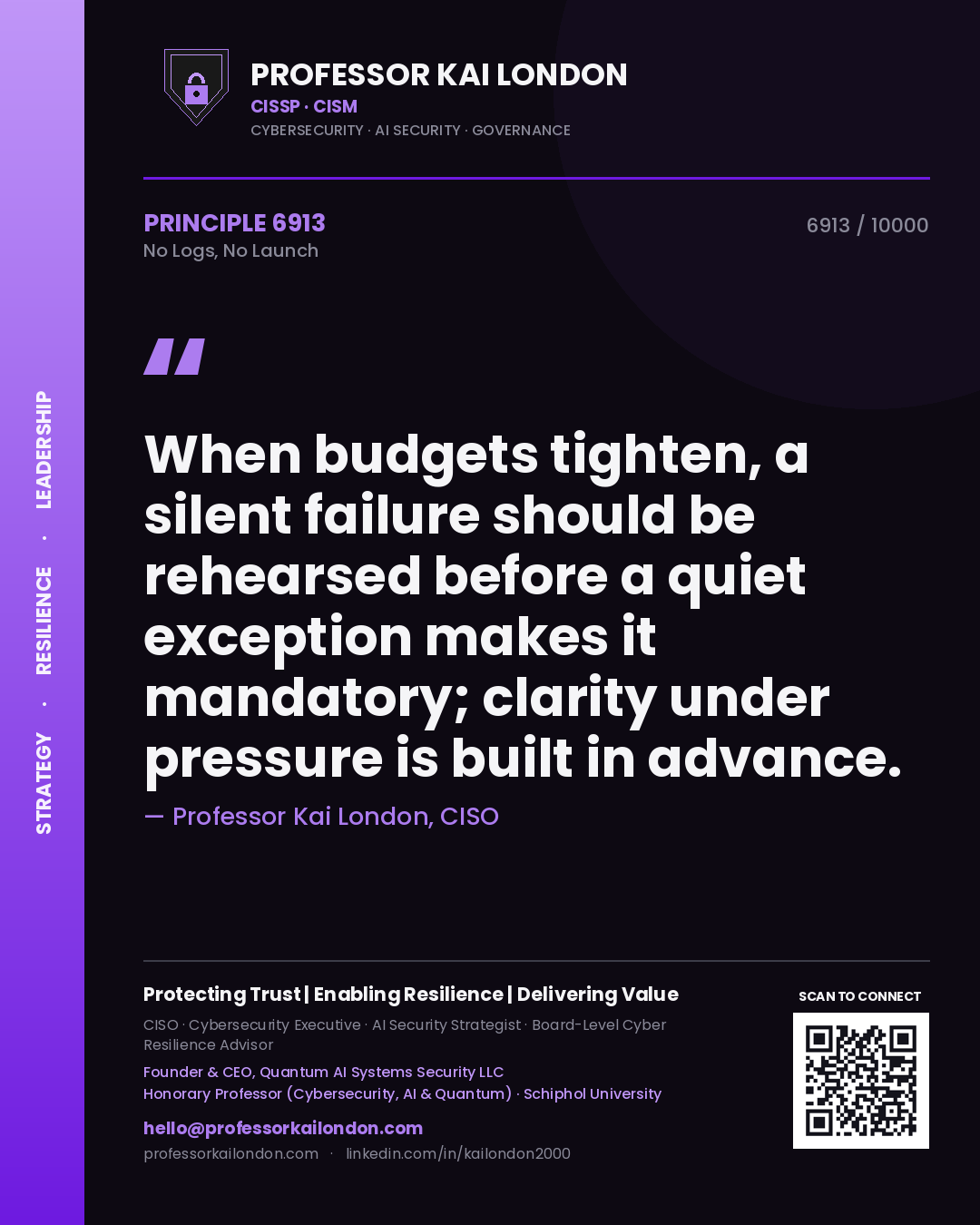 Professor Kai London principle 6913: When budgets tighten, a silent failure should be rehearsed before a quiet exception makes it mandatory; clarity under pressure is built in advance.