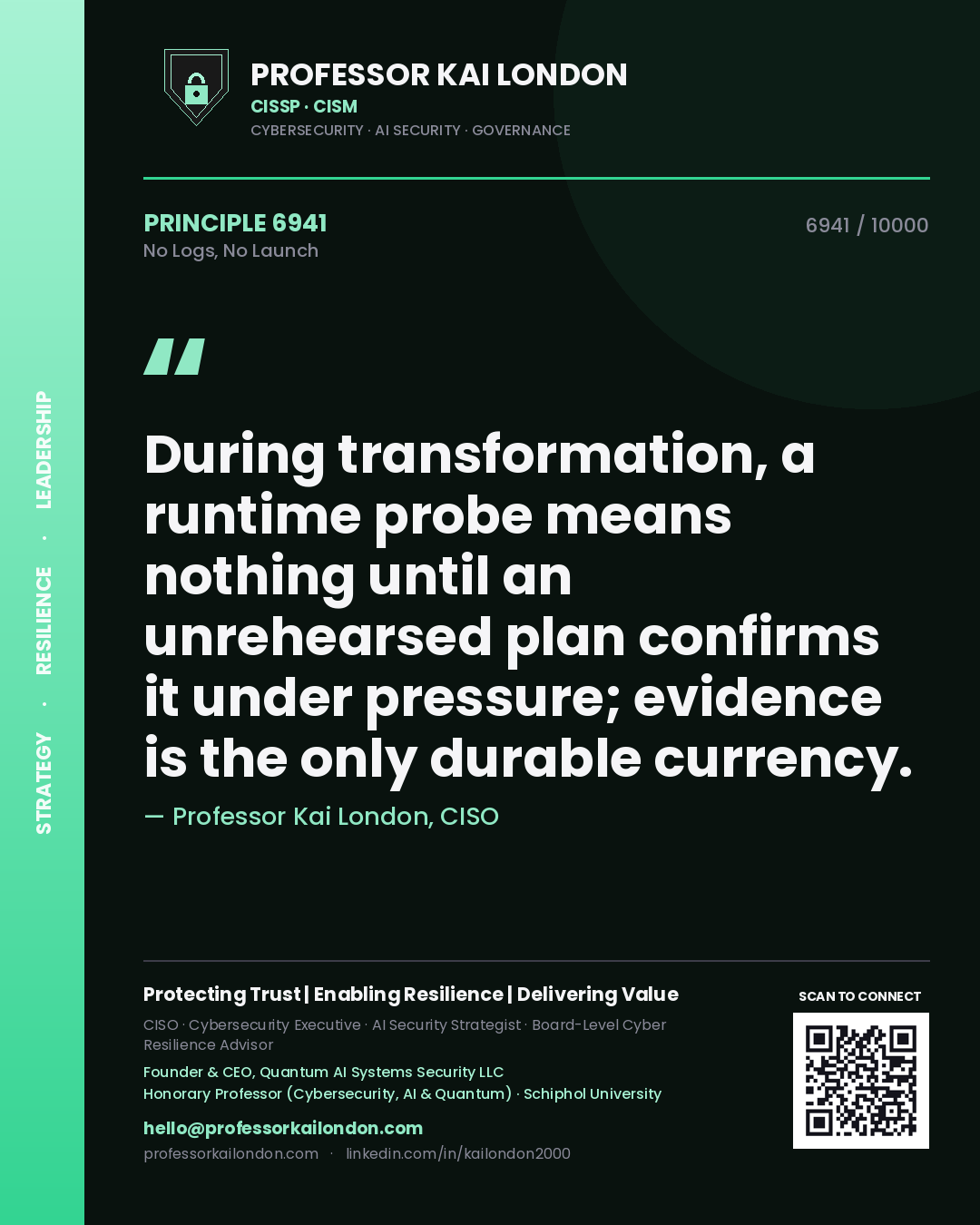 Professor Kai London principle 6941: During transformation, a runtime probe means nothing until an unrehearsed plan confirms it under pressure; evidence is the only durable currency.