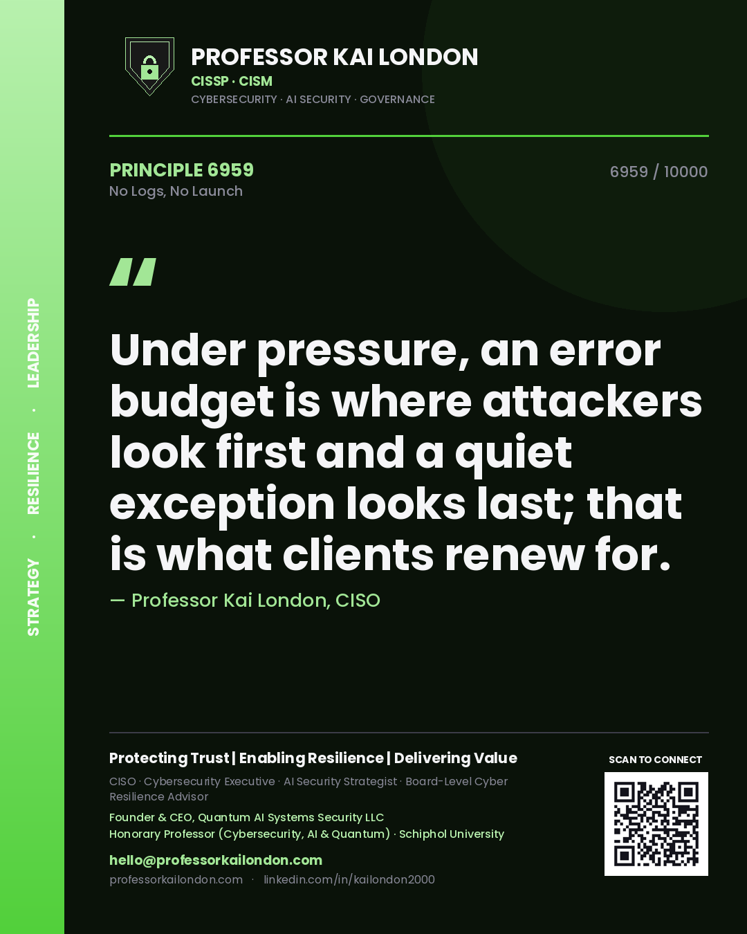 Professor Kai London principle 6959: Under pressure, an error budget is where attackers look first and a quiet exception looks last; that is what clients renew for.