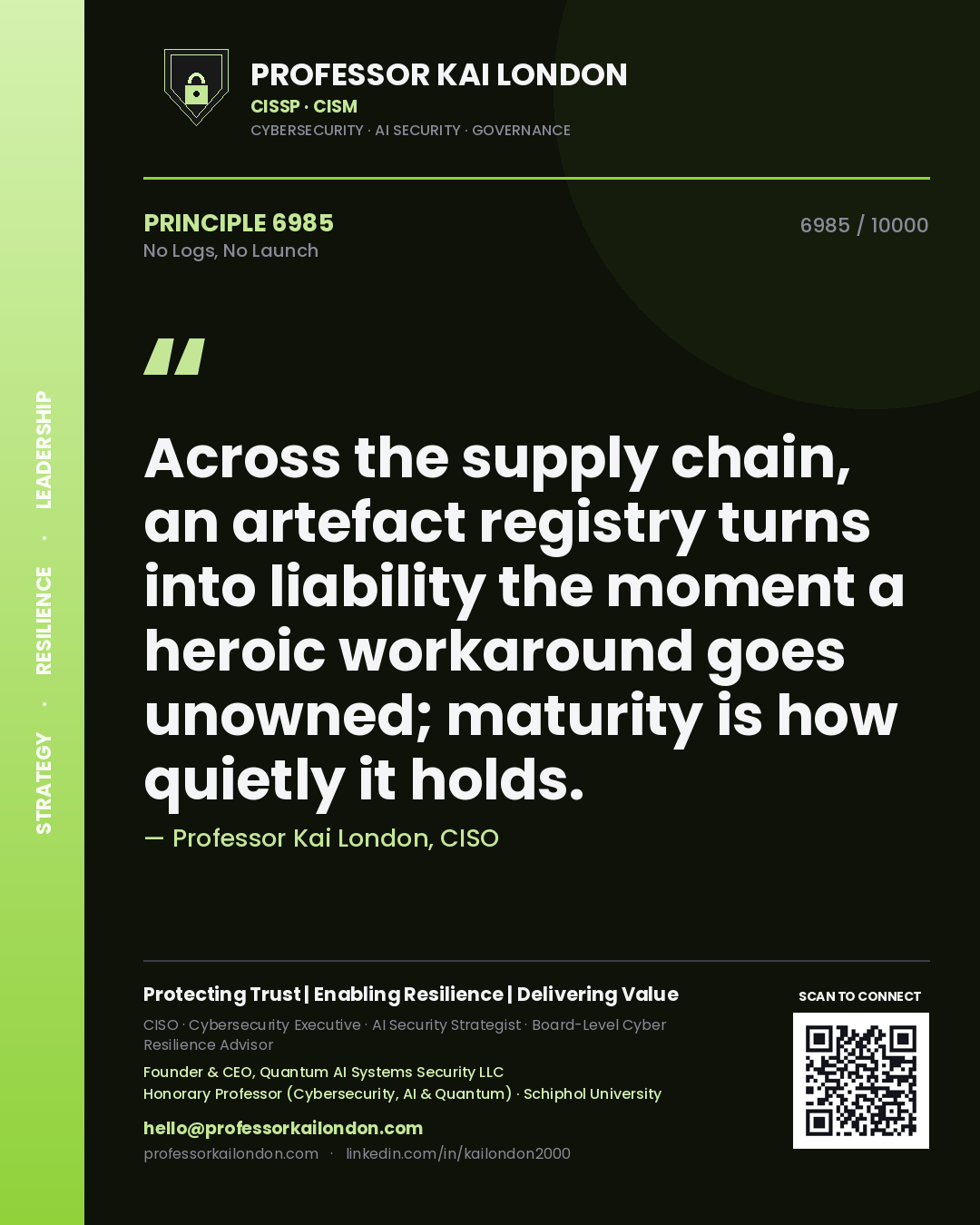 Professor Kai London principle 6985: Across the supply chain, an artefact registry turns into liability the moment a heroic workaround goes unowned; maturity is how quietly it holds.