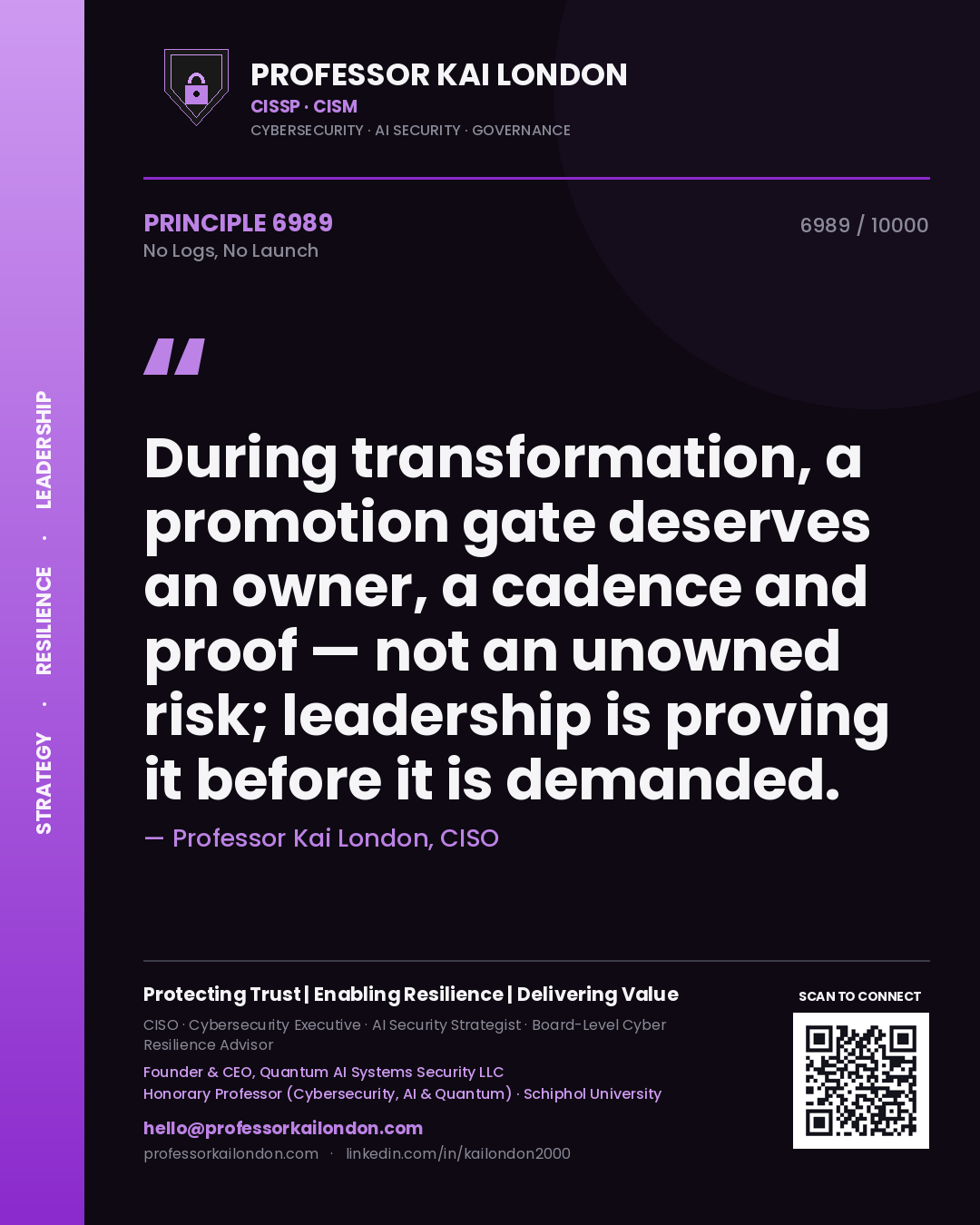 Professor Kai London principle 6989: During transformation, a promotion gate deserves an owner, a cadence and proof — not an unowned risk; leadership is proving it before it is demanded.