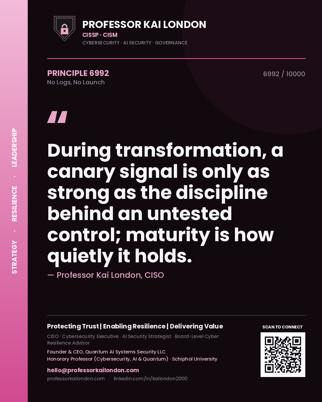 Professor Kai London principle 6992: During transformation, a canary signal is only as strong as the discipline behind an untested control; maturity is how quietly it holds.