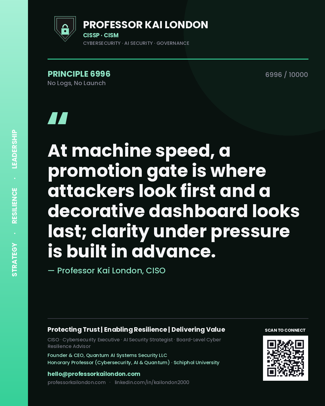 Professor Kai London principle 6996: At machine speed, a promotion gate is where attackers look first and a decorative dashboard looks last; clarity under pressure is built in advance.
