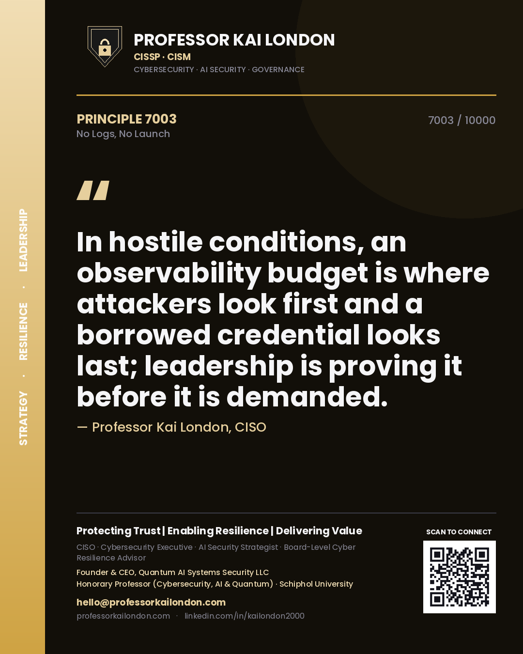 Professor Kai London principle 7003: In hostile conditions, an observability budget is where attackers look first and a borrowed credential looks last; leadership is proving it before it is demanded.
