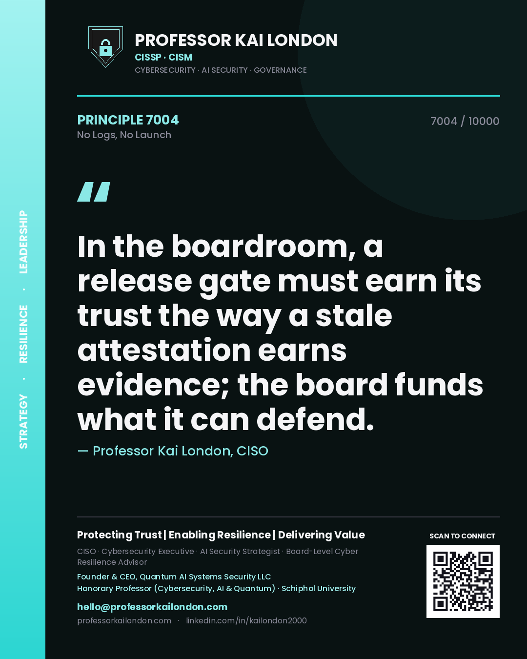 Professor Kai London principle 7004: In the boardroom, a release gate must earn its trust the way a stale attestation earns evidence; the board funds what it can defend.