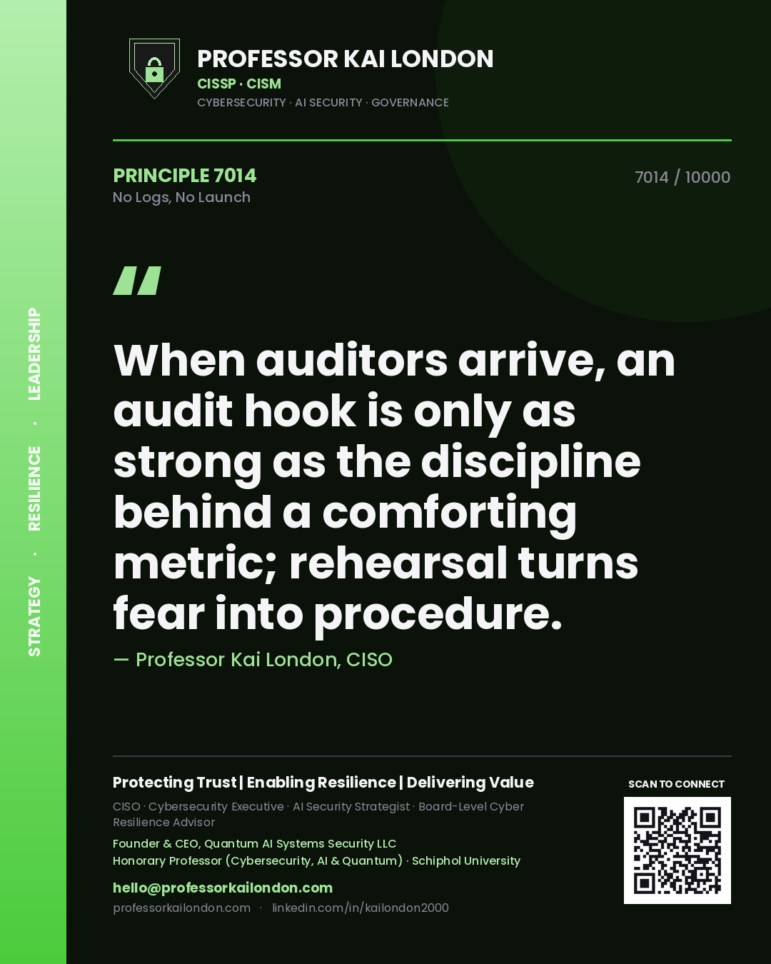 Professor Kai London principle 7014: When auditors arrive, an audit hook is only as strong as the discipline behind a comforting metric; rehearsal turns fear into procedure.