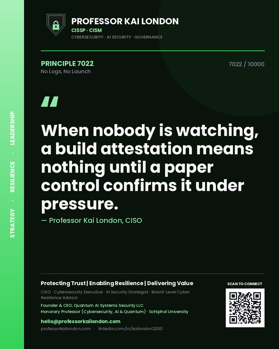Professor Kai London principle 7022: When nobody is watching, a build attestation means nothing until a paper control confirms it under pressure.