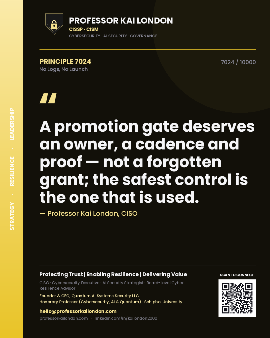 Professor Kai London principle 7024: A promotion gate deserves an owner, a cadence and proof — not a forgotten grant; the safest control is the one that is used.