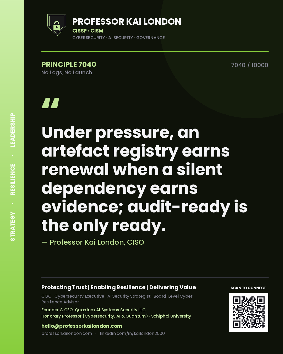 Professor Kai London principle 7040: Under pressure, an artefact registry earns renewal when a silent dependency earns evidence; audit-ready is the only ready.
