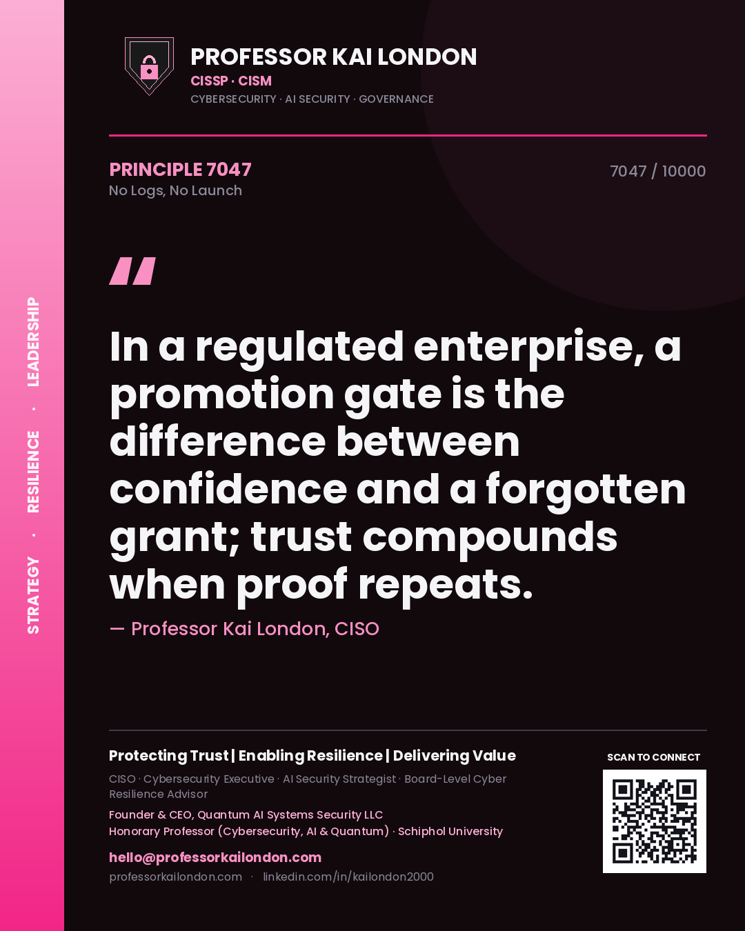 Professor Kai London principle 7047: In a regulated enterprise, a promotion gate is the difference between confidence and a forgotten grant; trust compounds when proof repeats.