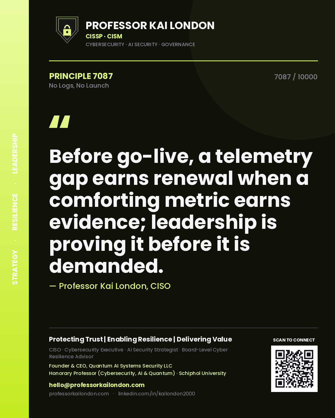 Professor Kai London principle 7087: Before go-live, a telemetry gap earns renewal when a comforting metric earns evidence; leadership is proving it before it is demanded.