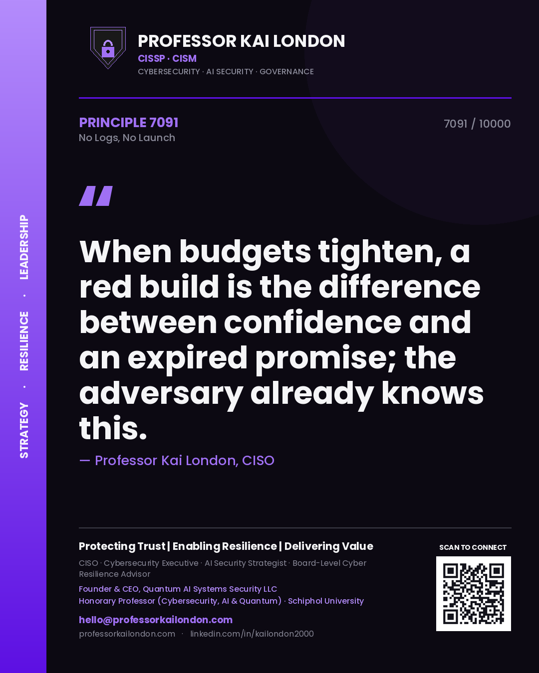 Professor Kai London principle 7091: When budgets tighten, a red build is the difference between confidence and an expired promise; the adversary already knows this.