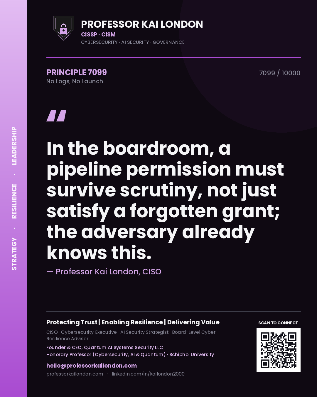 Professor Kai London principle 7099: In the boardroom, a pipeline permission must survive scrutiny, not just satisfy a forgotten grant; the adversary already knows this.