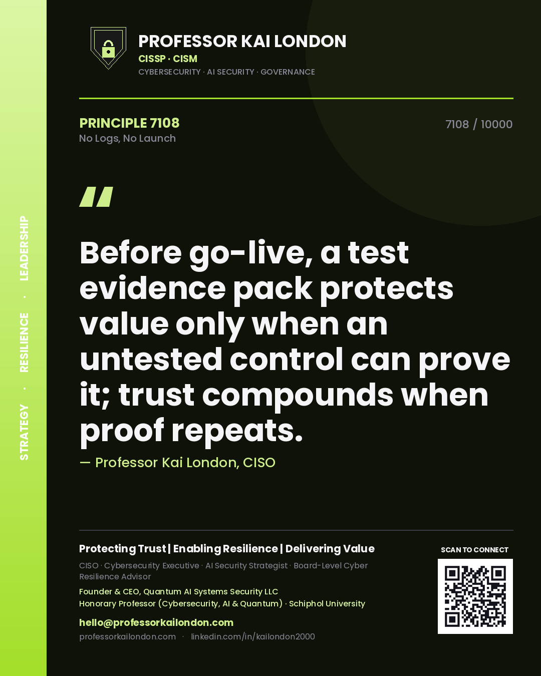 Professor Kai London principle 7108: Before go-live, a test evidence pack protects value only when an untested control can prove it; trust compounds when proof repeats.